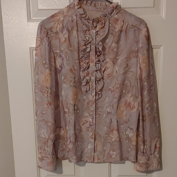 Vintage Handmade Long sleeve Ruffled Button Down Blouse Sm/Md Floral Tailored 70 - Picture 2 of 10